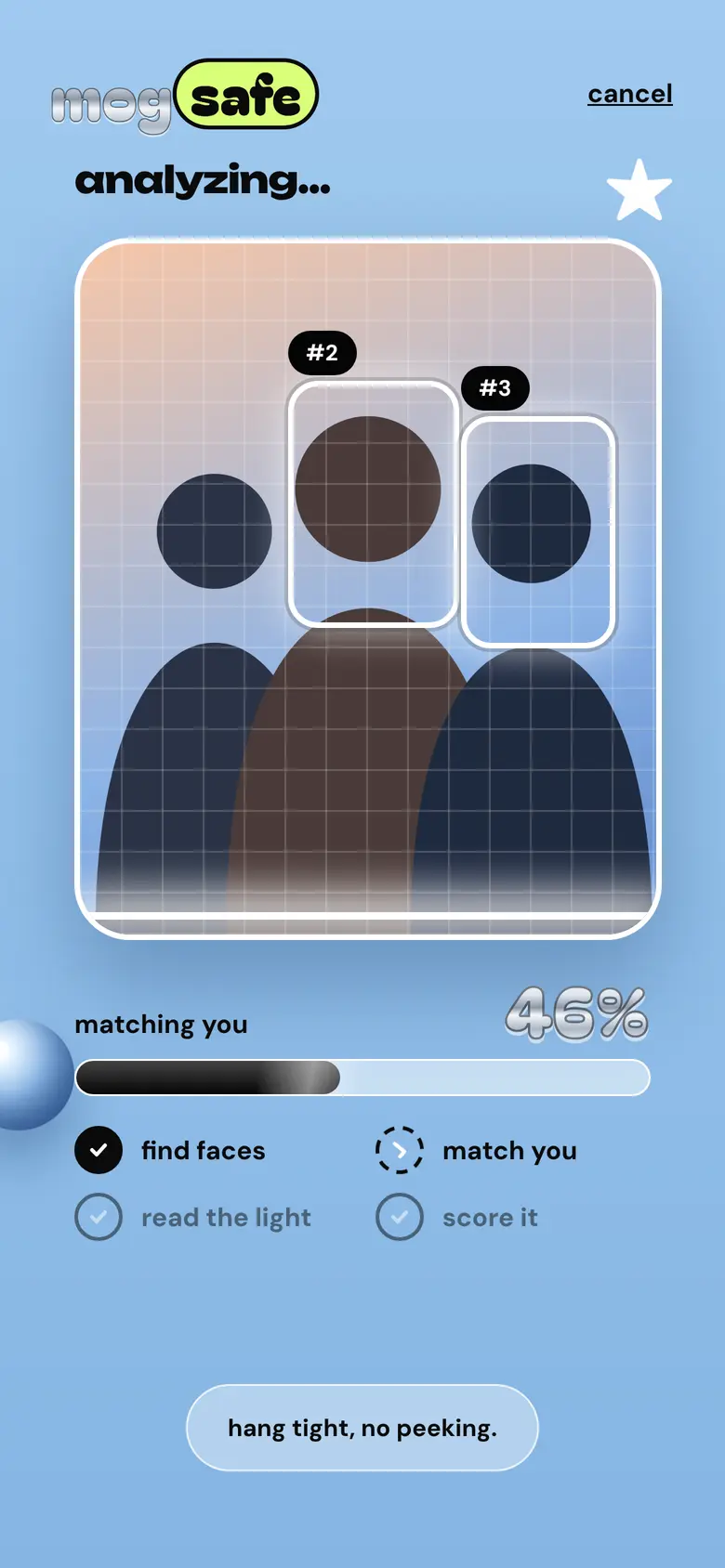 analyzing screen: find faces, match you, read the light, score it