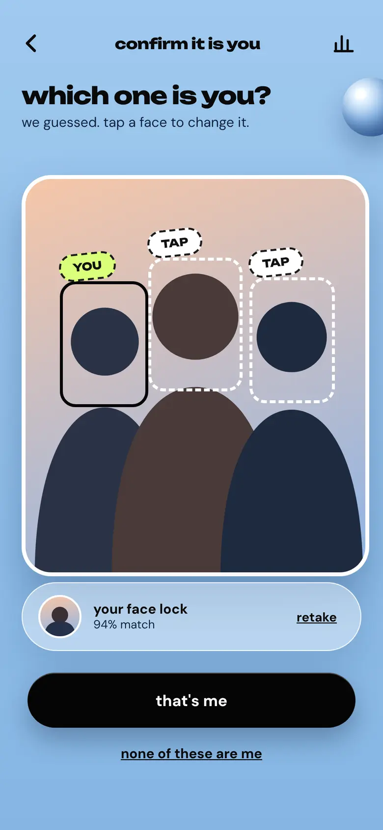 confirm it is you screen: which one is you? we guessed. tap a face to change it.