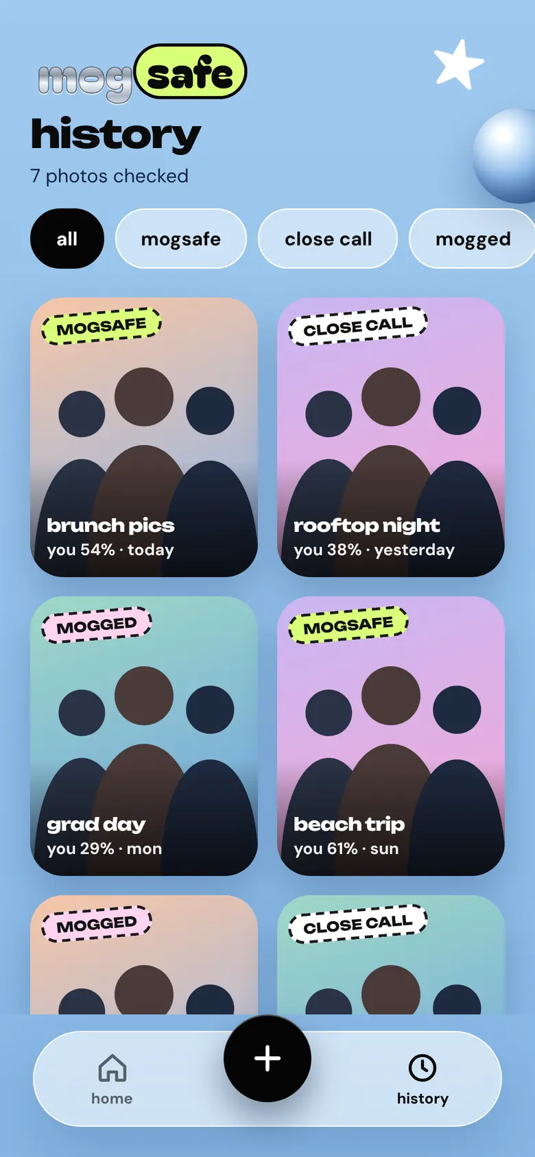 history screen: past checks like brunch pics and rooftop night, filtered by mogsafe, close call or mogged
