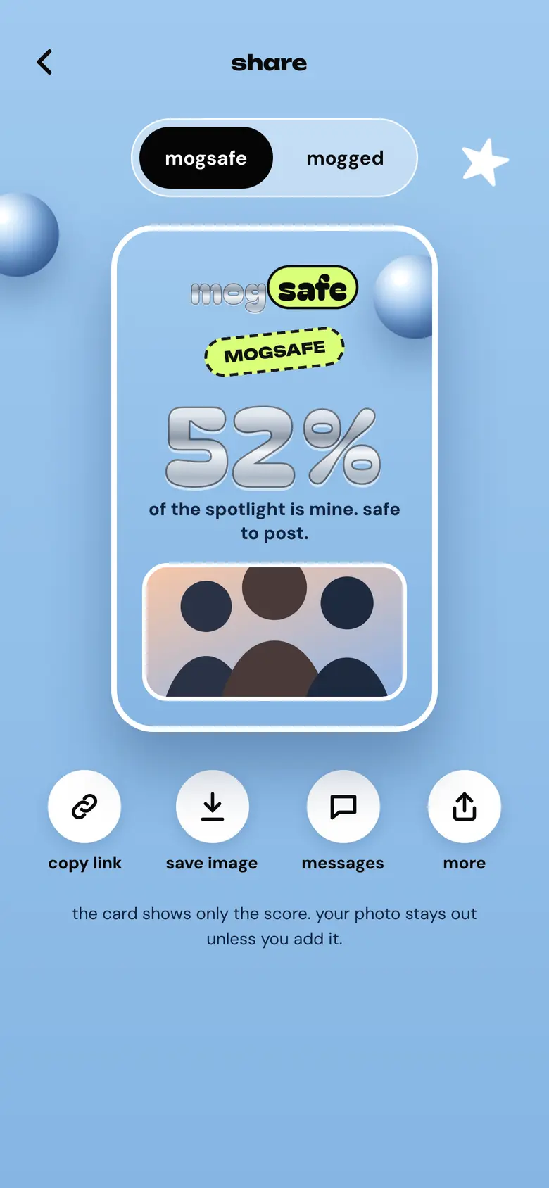 share screen: a card with your 52% spotlight score, plus copy link, save image and messages buttons