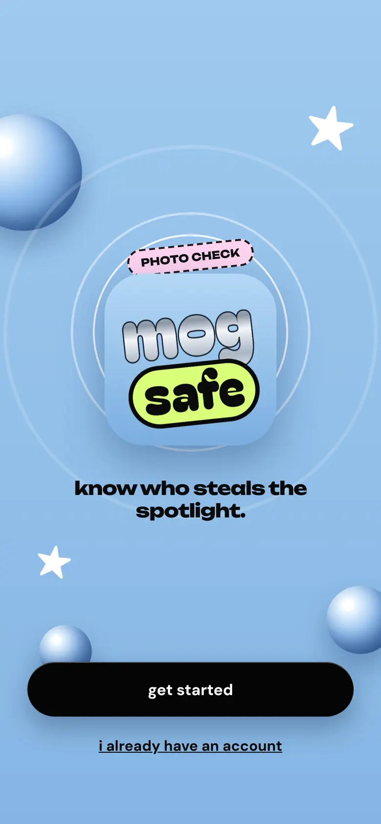 mogsafe splash screen: the app icon, a photo check sticker and the line know who steals the spotlight