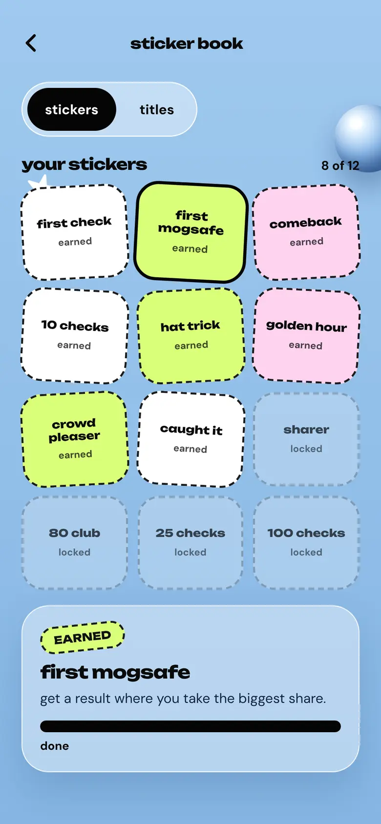 sticker book with earned stickers like first mogsafe, hat trick and golden hour